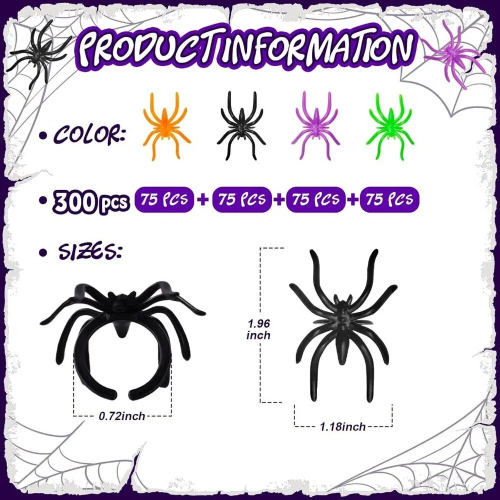 300pcs Halloween Spider Rings for Kids Party Favors 1.96’’ Plastic Spider Rings